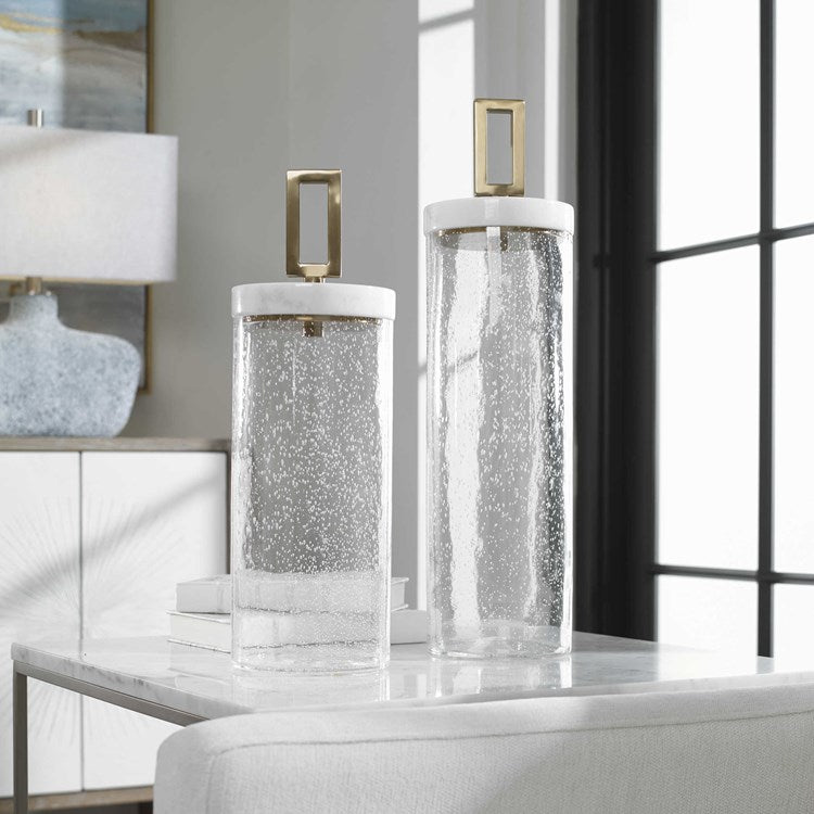 Uttermost Haysworth Seeded Glass with Marble Lids Set of 2 Decorative Containers - Image 1