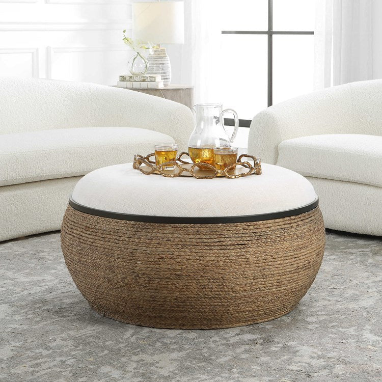 Uttermost Island Beige Performance Fabric Coastal Style Round Ottoman - Image 1
