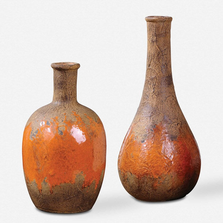 Uttermost Kadam Rust Brown and Bright Orange Ceramic Set of 2 Vases - Image 1