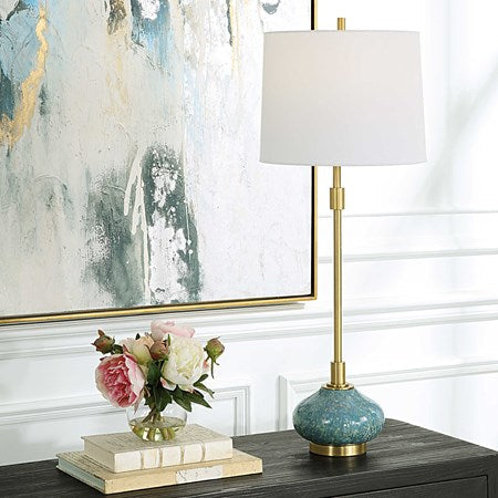 Uttermost Kaimana Aged Blue and Seafoam Green Buffet Lamp With White Linen Shade - Image 1