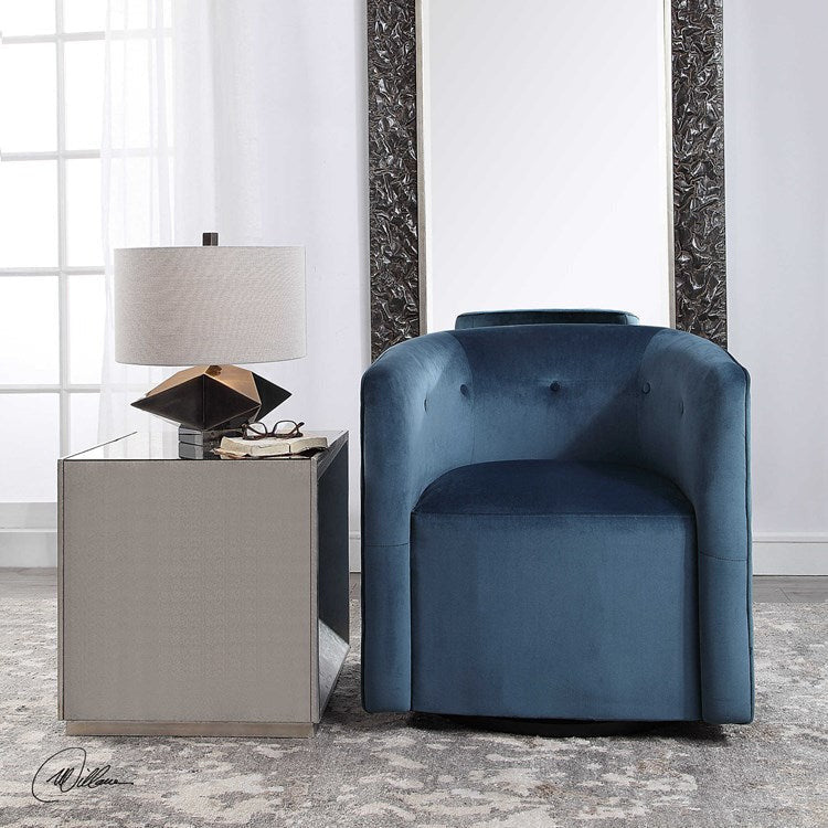 Uttermost Mallorie Ink Blue Velvet Barrel Swivel Chair - Image 1