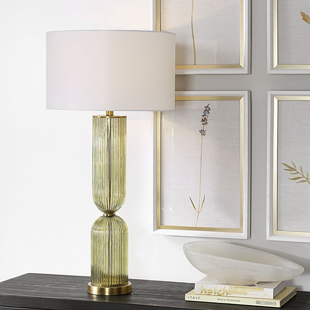 Uttermost Mirah Transparent Olive Glass & Brass-Plated Details Table Lamp - Image 1