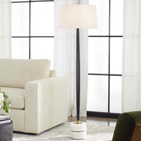 Uttermost Miraz Brushed Brass and Marble Floor Lamp With White Shade - Image 1