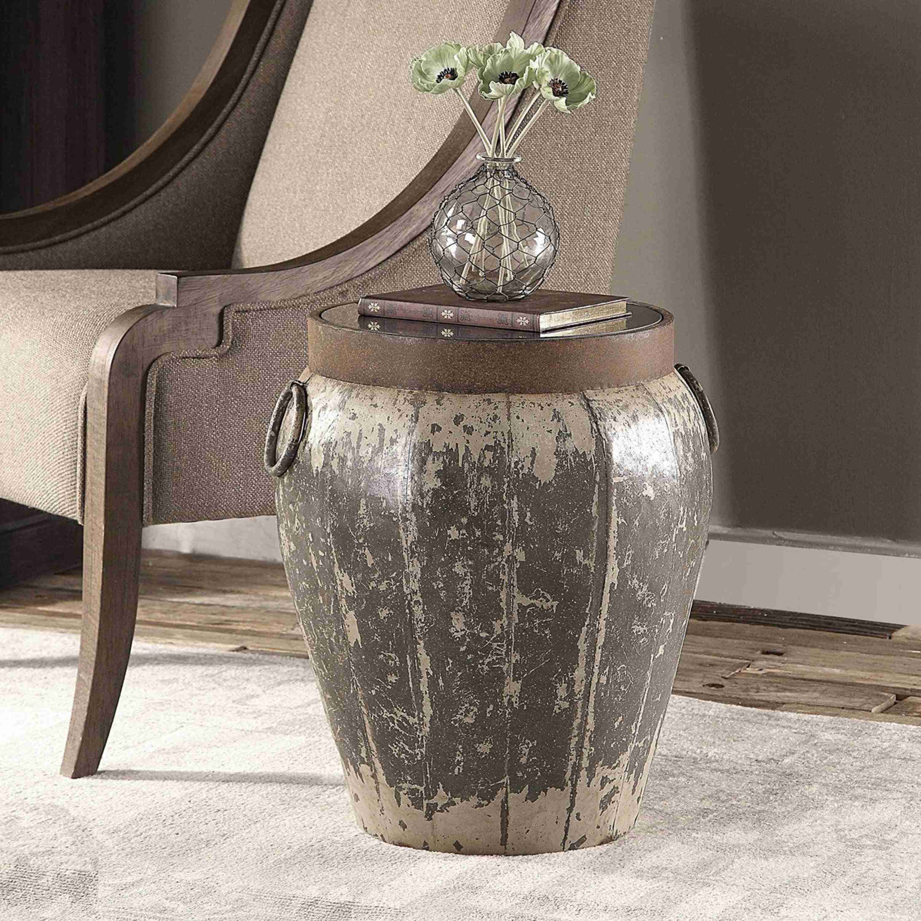 Uttermost Neith Black Glass Top Metal Drum Accent Table - Image 1