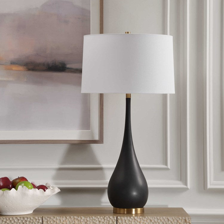Uttermost Nocturnal Black Stone and Brass Table Lamp With White Linen Shade - Image 1