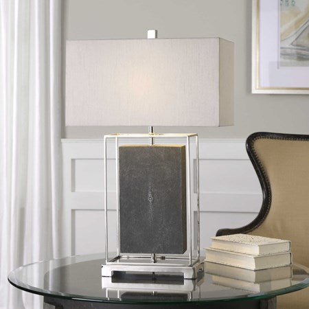 Uttermost Sakana Gray Faux Shagreen Table Lamp With Light Gray Linen Shade - Image 1