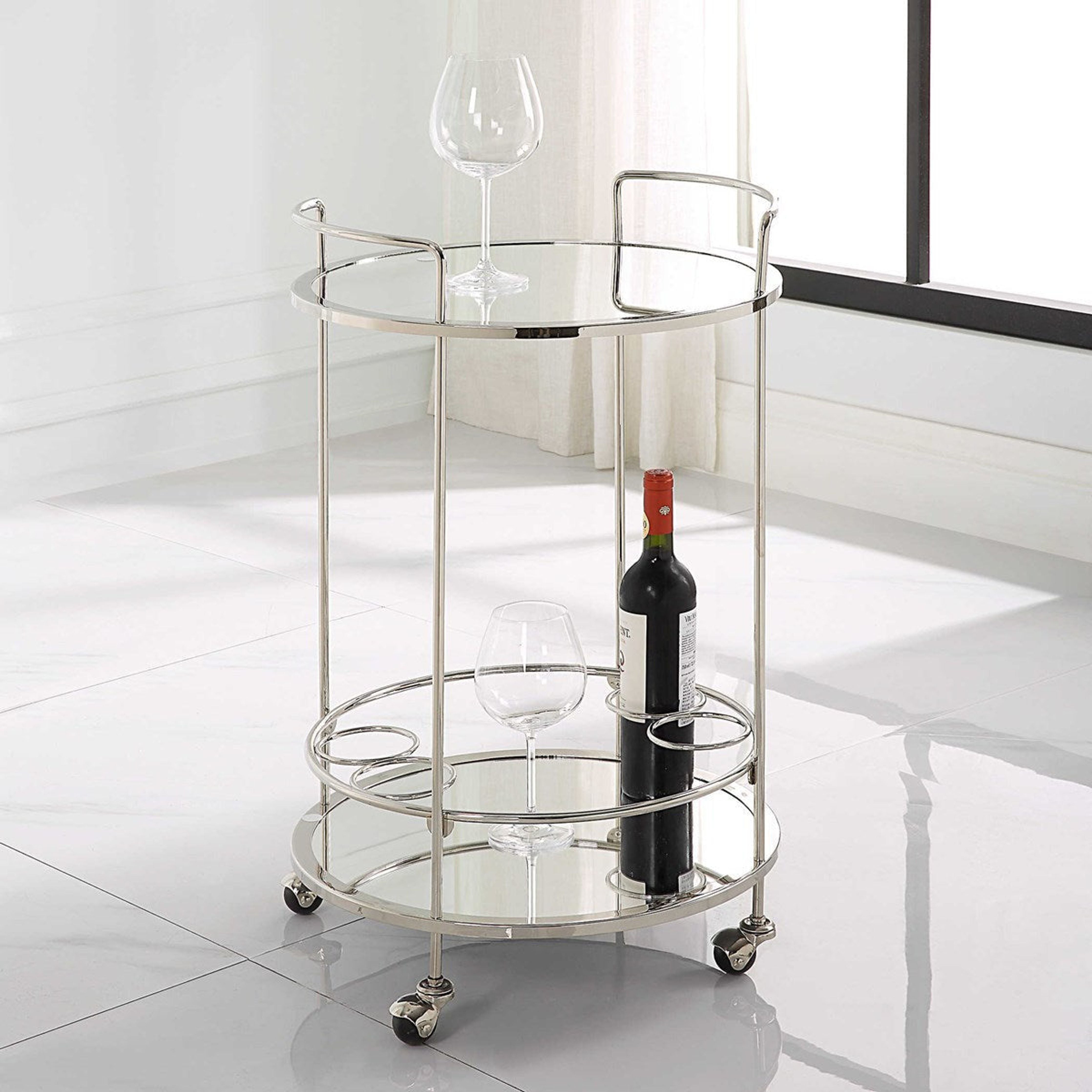 Uttermost Spritz Polished Chrome With Mirrored Shelves Bar Cart - Image 1