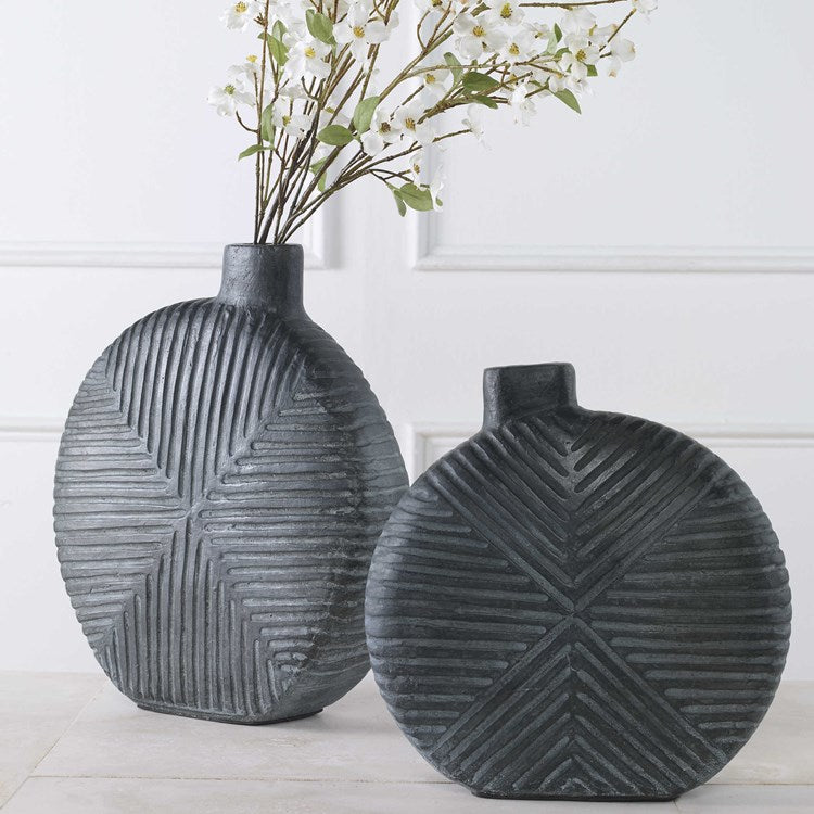 Uttermost Viewpoint Aged Black Contemporary Set of 2 Vases - Image 1