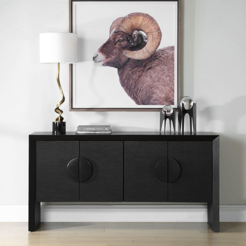 Uttermost Williams Textured Black Grasscloth Covered 4- Door Cabinet - Image 1