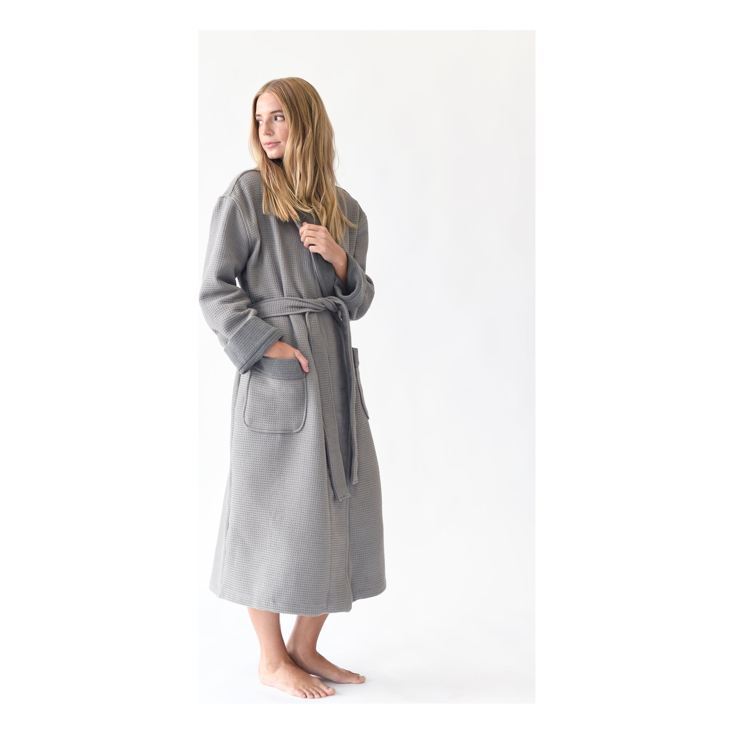 Cozy Earth Waffle Bath Robe Available in Charcoal, White and Light Grey - Image 3