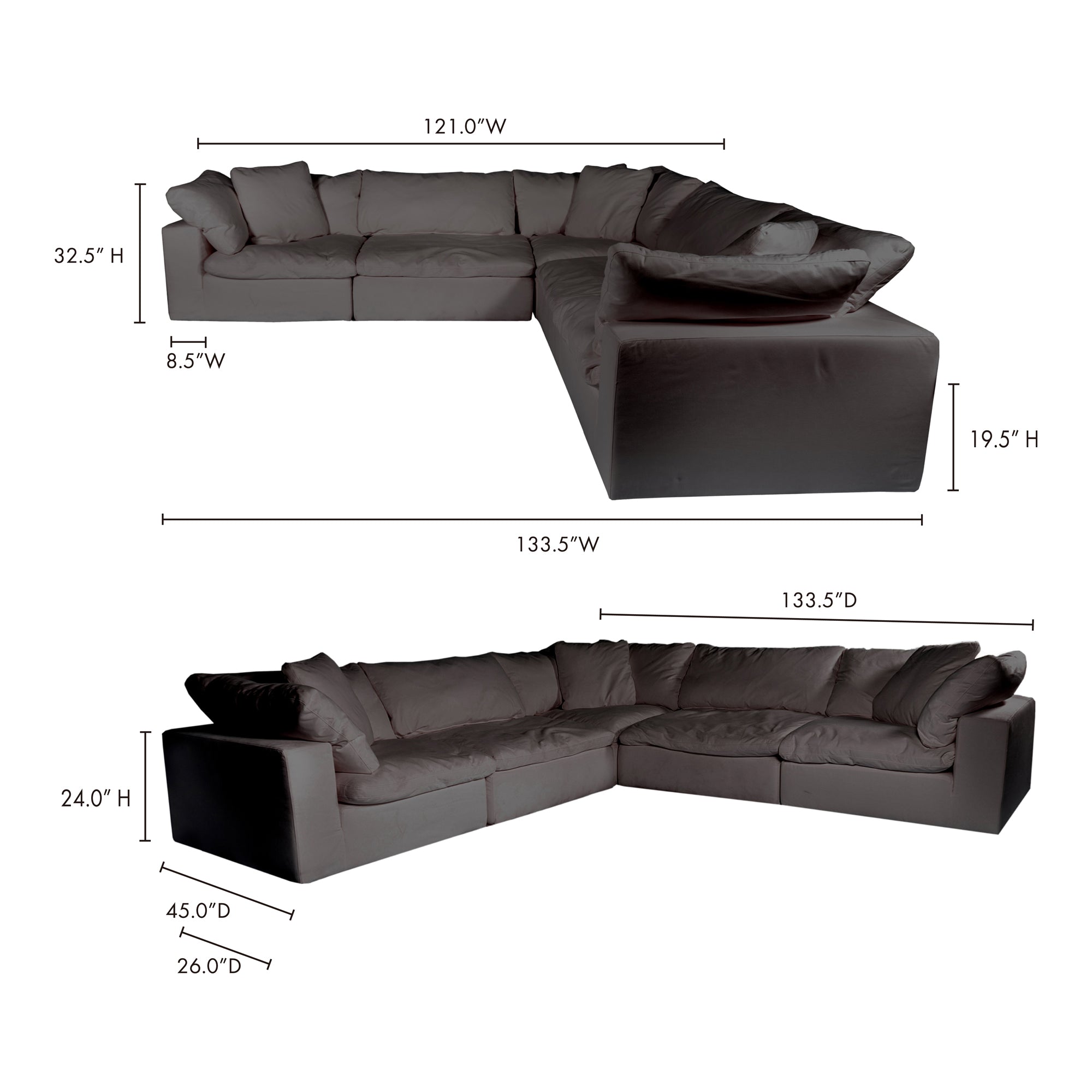 Moe's Home Collection Clay Classic L-Shaped Modular Sectional ~ Light Grey LiveSmart Performance Fabric - Image 3