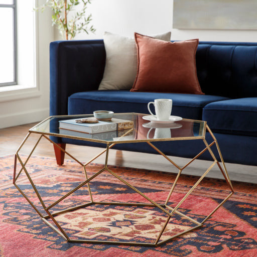 Surya Zig Zag Modern Glass Top With Gold Metal Base Round Coffee Table ZIA-001 - Image 1