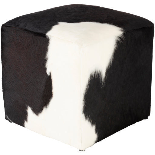 Surya Angus Modern Rustic Hair On Hide Black & Cream Leather Pouf Ottoman AGPF-003 - Image 1