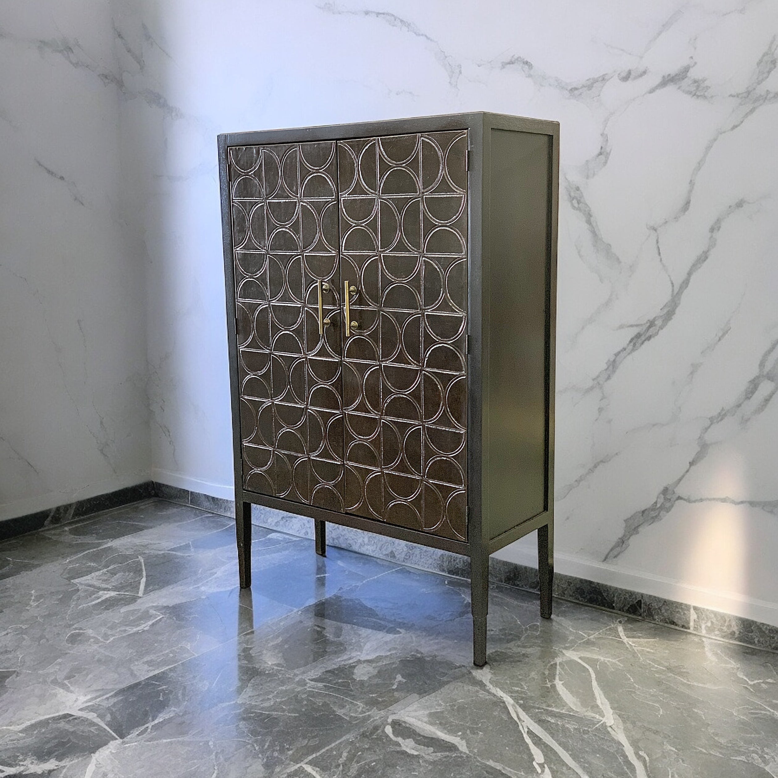 Casa Bonita Peruvian Hand-Painted Carved Wood Alma Wine Cabinet with Brown Leather Panels