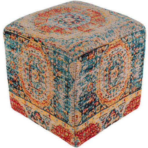 Surya Amsterdam Modern Rustic Blue Gray, Mustard, Red & Black Chenille Pouf Ottoman AMPF-001 - Image 2