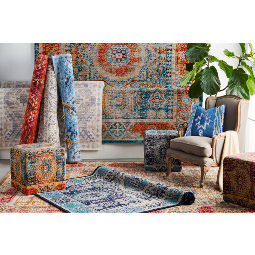 Surya Amsterdam Modern Rustic Blue Gray, Mustard, Red & Black Chenille Pouf Ottoman AMPF-001 - Image 3