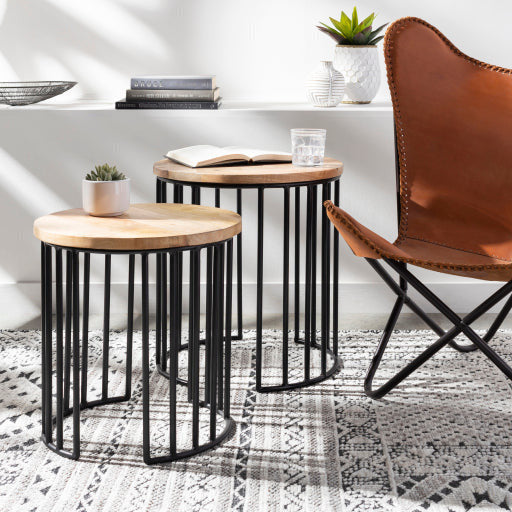 Surya Ansh Modern Wood Top With Black Metal Base Set of 2 Nesting Accent Side Tables ANH-003 - Image 1