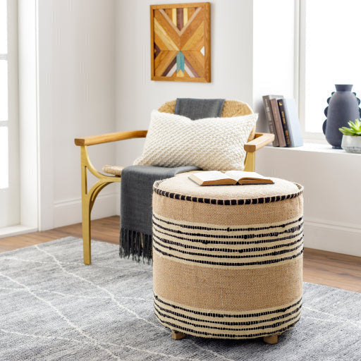 Surya Aarzoo Modern Boho Beige & Black Stripe Jute Round Ottoman AOZ-001