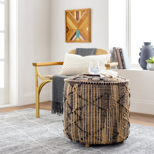 Surya Aarzoo Modern Boho Tan, Black & Charcoal Jute Round Ottoman AOZ-002