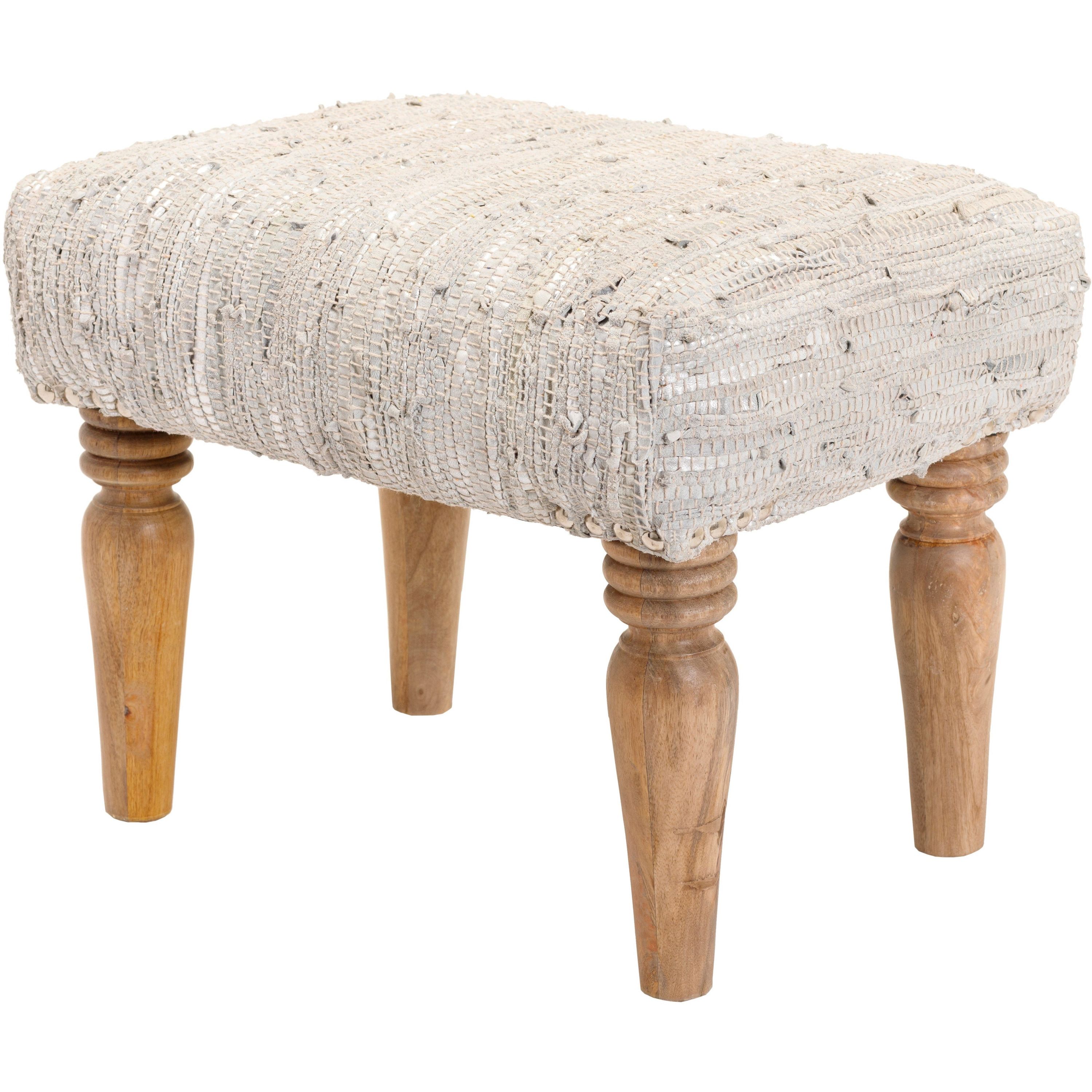 Surya Anthracite Modern Rustic Ivory & Metallic Silver Footstool Ottoman  ATE-003
