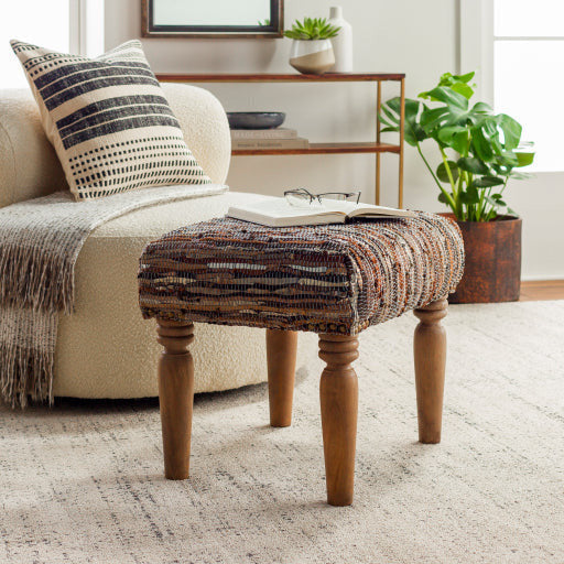 Surya Anthracite Modern Rustic Tan, Brown & Metallic Footstool Ottoman  ATE-001