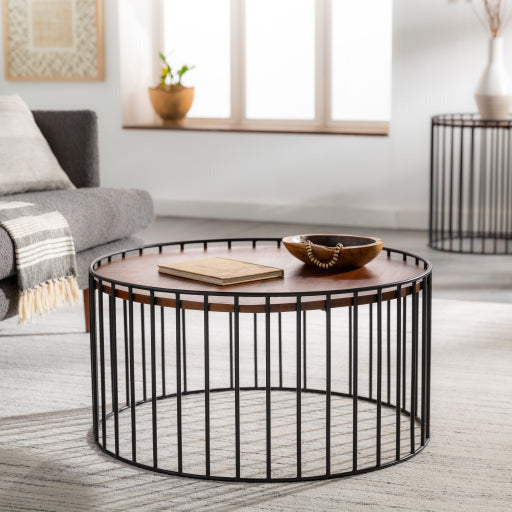 Surya Asmayra Modern Brown Wood Top With Black Metal Base Round Coffee Table AYM-001 - Image 1