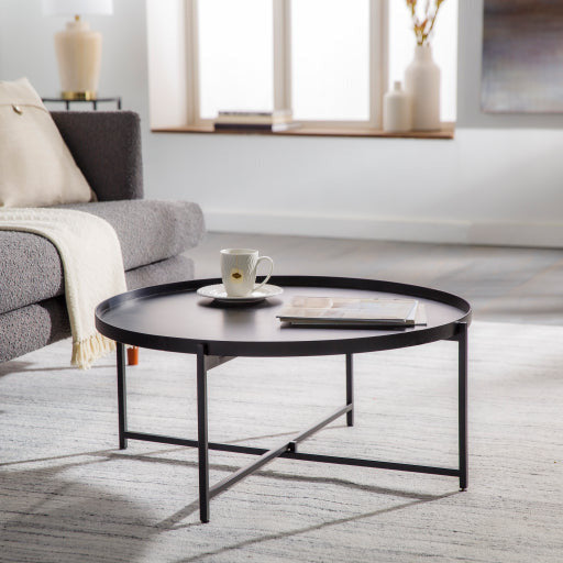 Surya Aracruz Modern Black Wood Top With Black Metal Round Coffee Table AZU-001 - Image 1