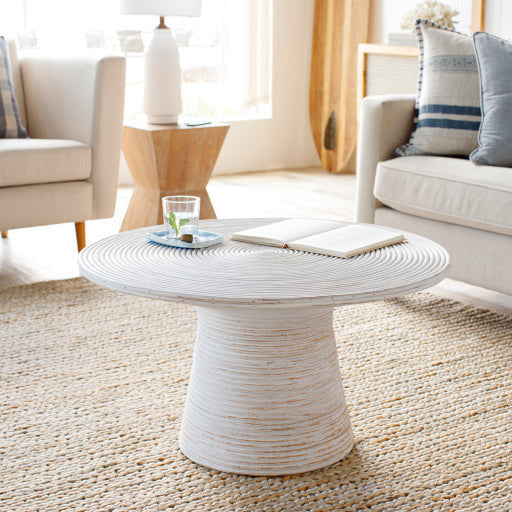 Surya Balinese Modern White Rattan Round Coffee Table BAS-002 - Image 1