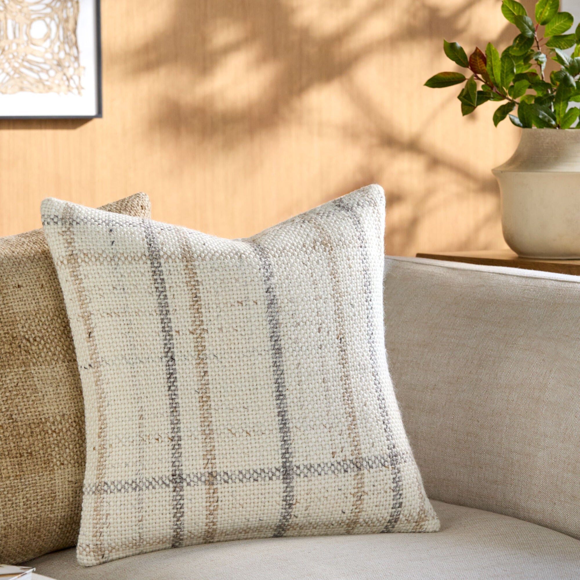 Becki Owens x LIVABLISS Amaya Pillow in Cream with Taupe and Gray Plaid
