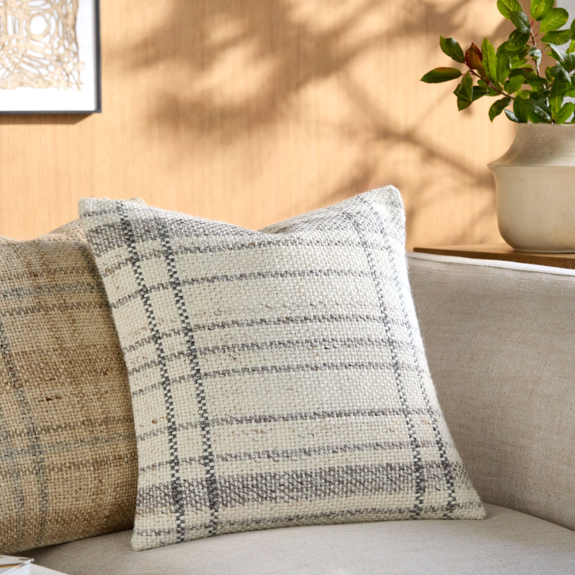 Becki Owens x LIVABLISS Amaya Pillow in Cream with Slate and Charcoal Gray Plaid