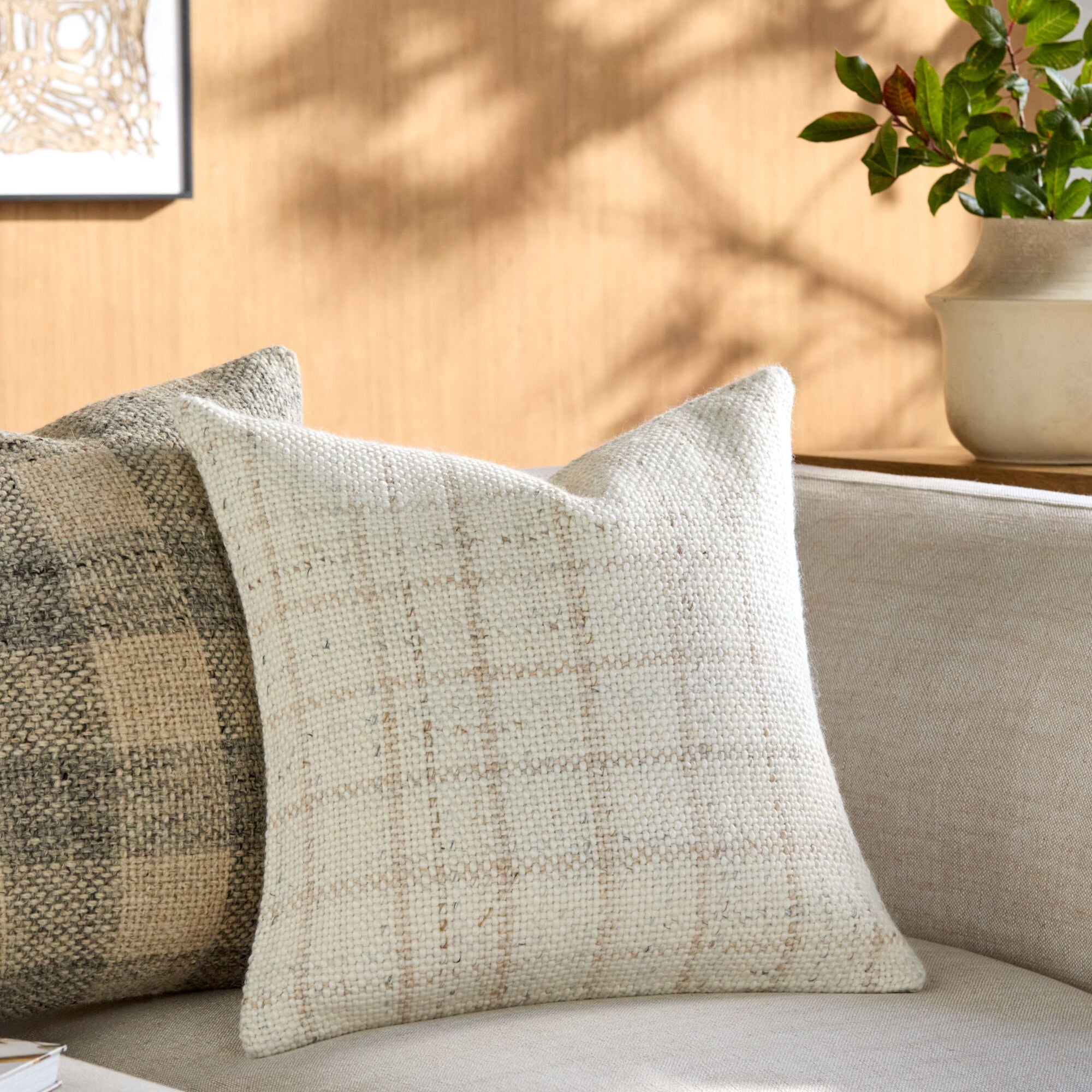 Becki Owens x LIVABLISS Amaya Pillow in Ivory and Beige Plaid
