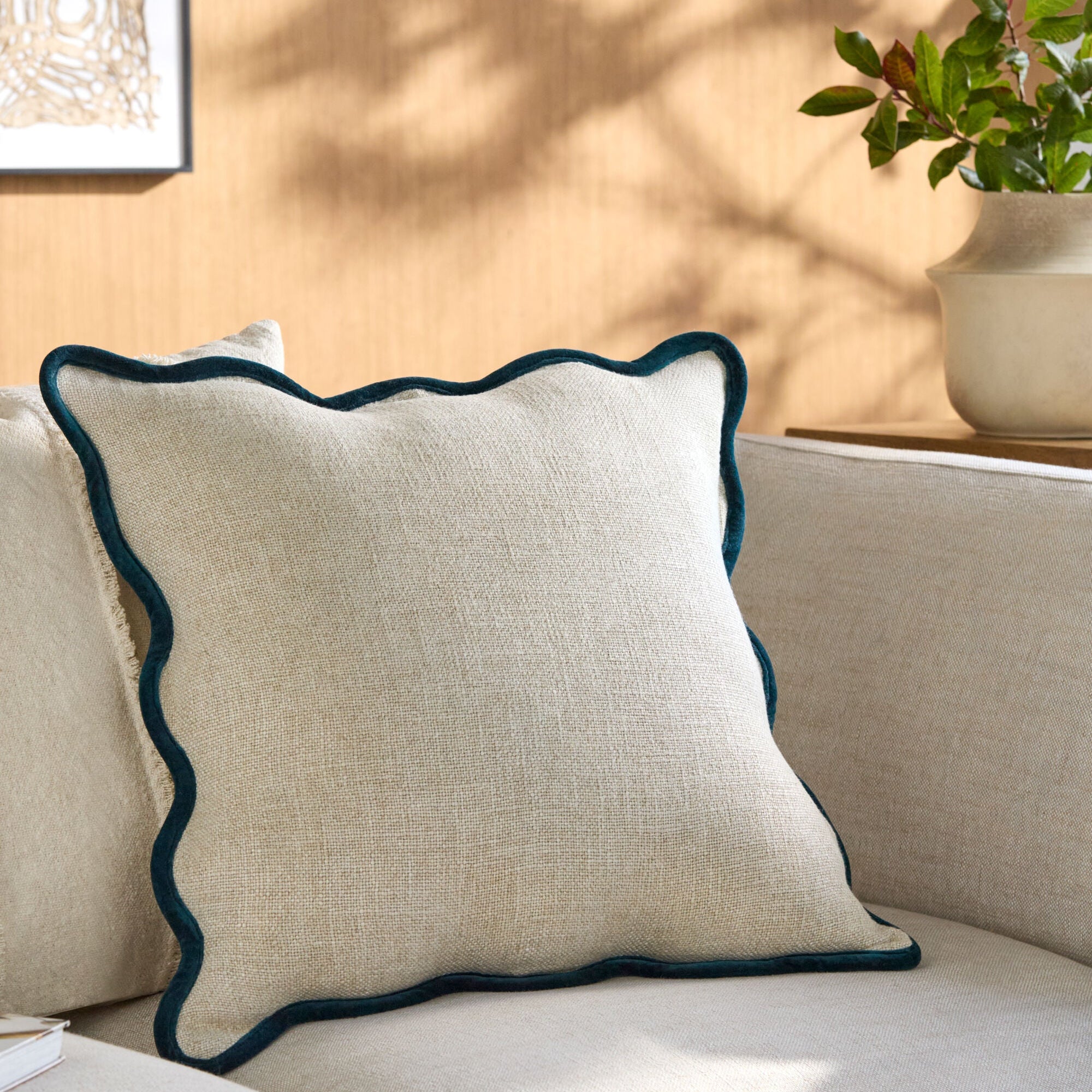 Becki Owens x LIVABLISS Collection Caliza Scalloped Pillow with Sapphire Trim