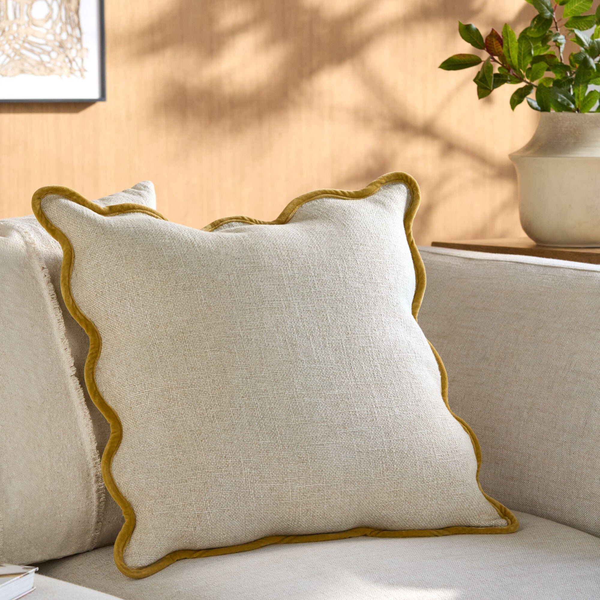 Becki Owens x LIVABLISS Mustard Trimmed Caliza Scalloped Pillow - Image 1