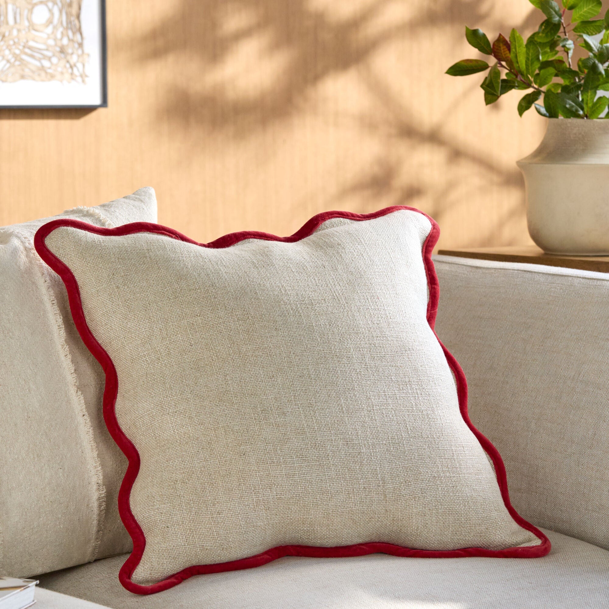 Becki Owens x LIVABLISS Caliza Scalloped Pillow with Scarlet Trim