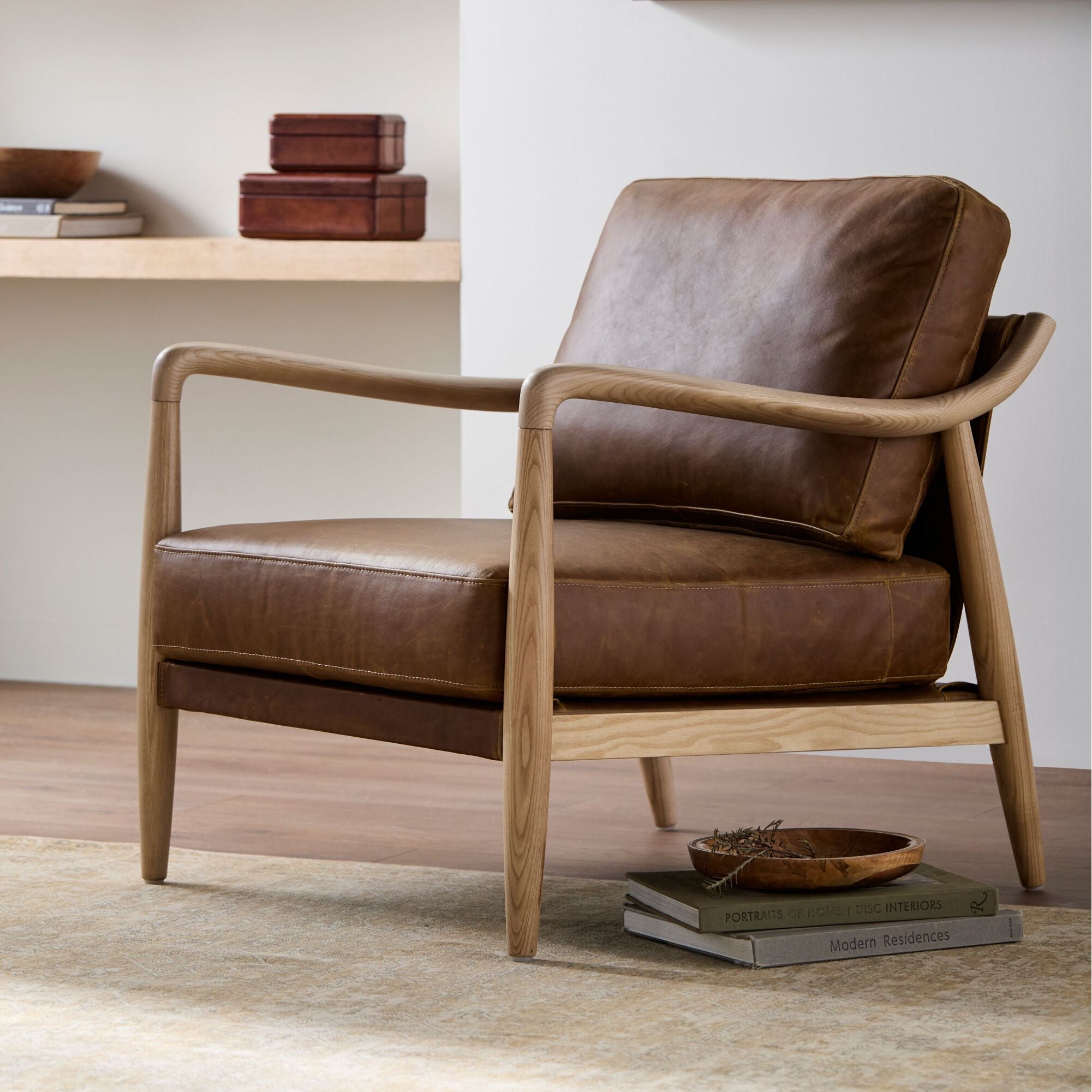 Becki Owens x SURYA Gaviota Accent Chair in Brown Leather - Image 1