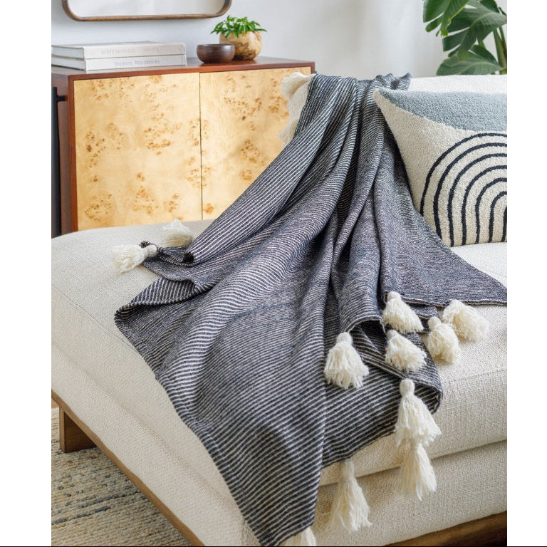 Becki Owens x LIVABLISS Kapri Cotton Throw in Black with White Stripe ~ 50" x 60" - Image 1