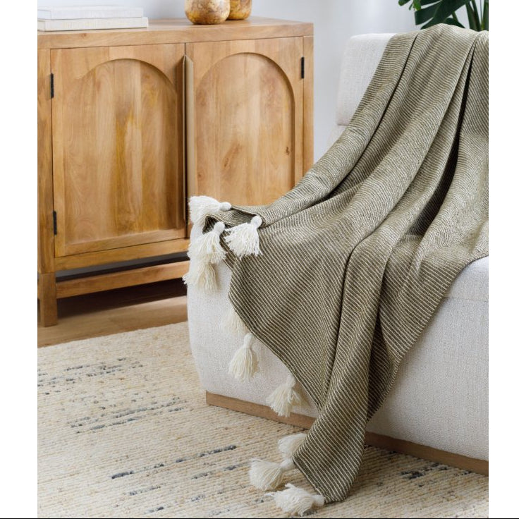 Becki Owens x LIVABLISS Kapri Cotton Throw in Olive with Cream Stripe ~ 50" x 60" - Image 1
