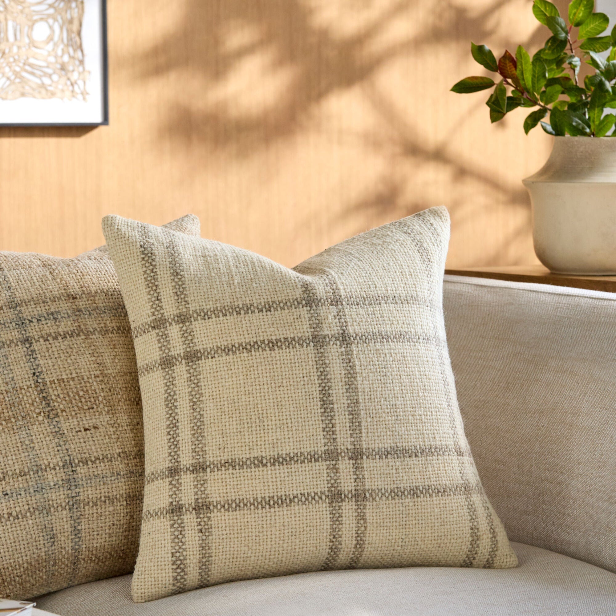 Becki Owens x LIVABLISS Ladera Pillow in Cream and Brown Plaid