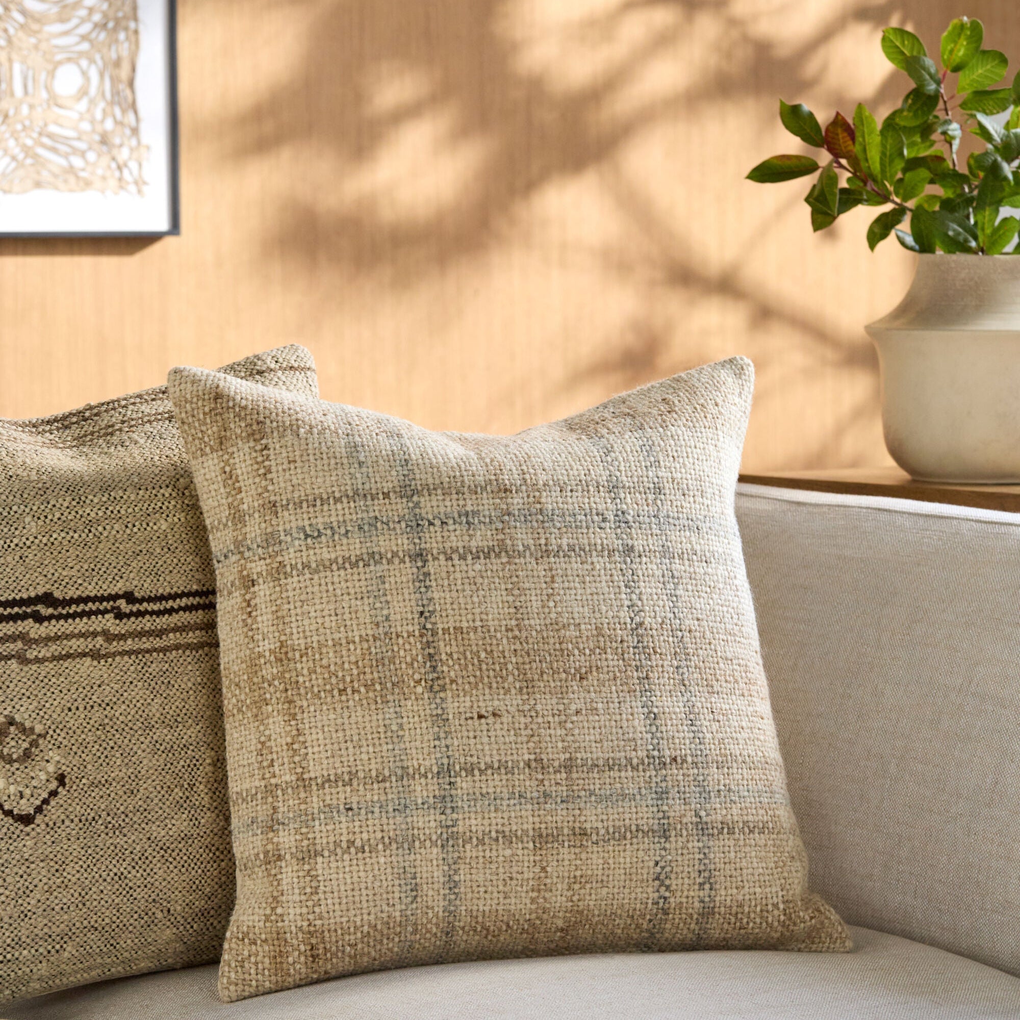 Becki Owens x LIVABLISS Ladera Pillow in Taupe, Beige and Gray Plaid - Image 1