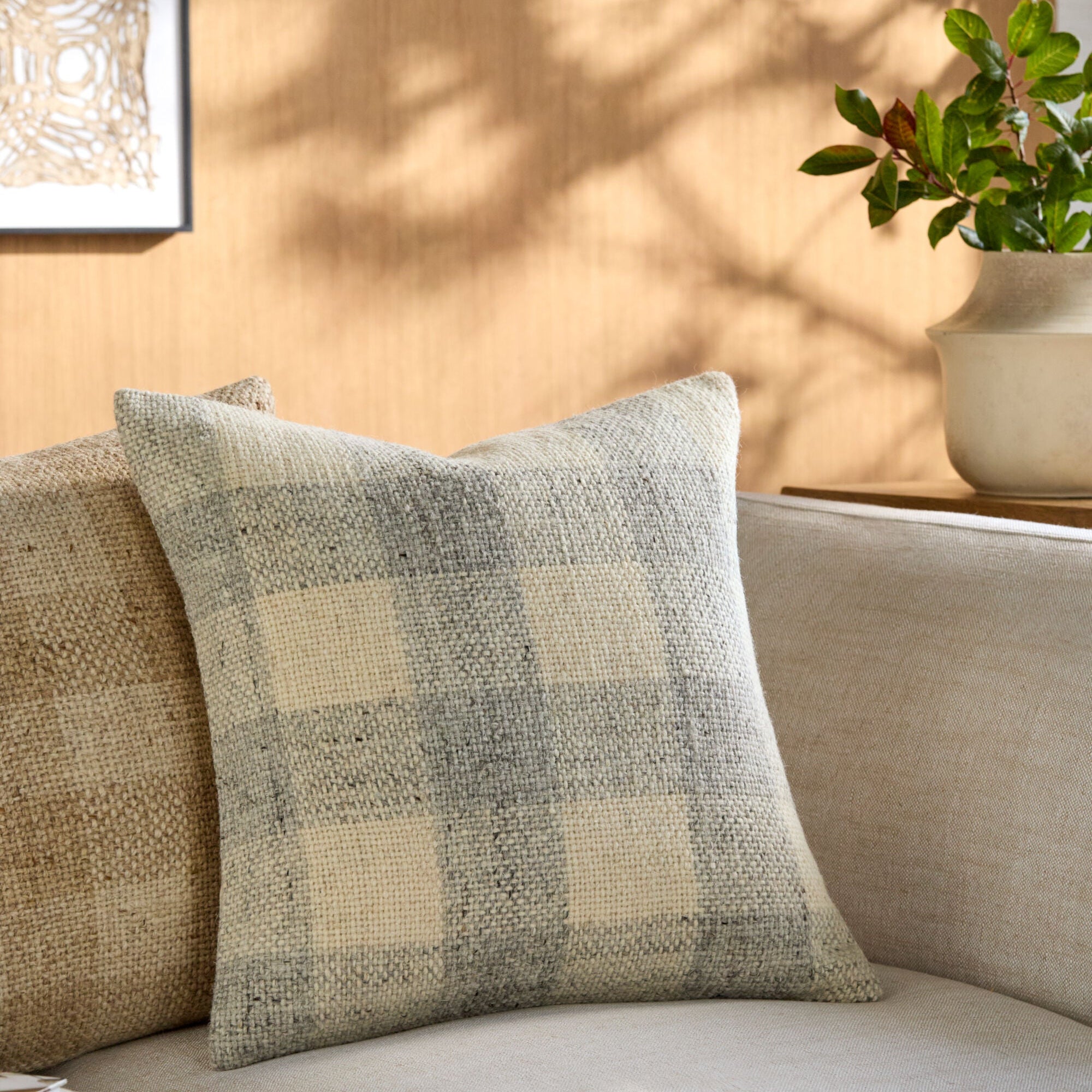 Becki Owens x LIVABLISS Ladera Pillow in Light Gray and Cream Check - Image 1