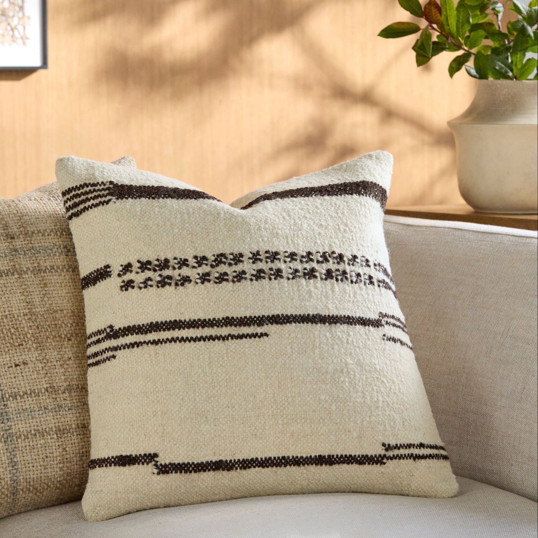 Becki Owens x LIVABLISS Solea Pillow in Cream with Brown Rustic Stripes - Image 1