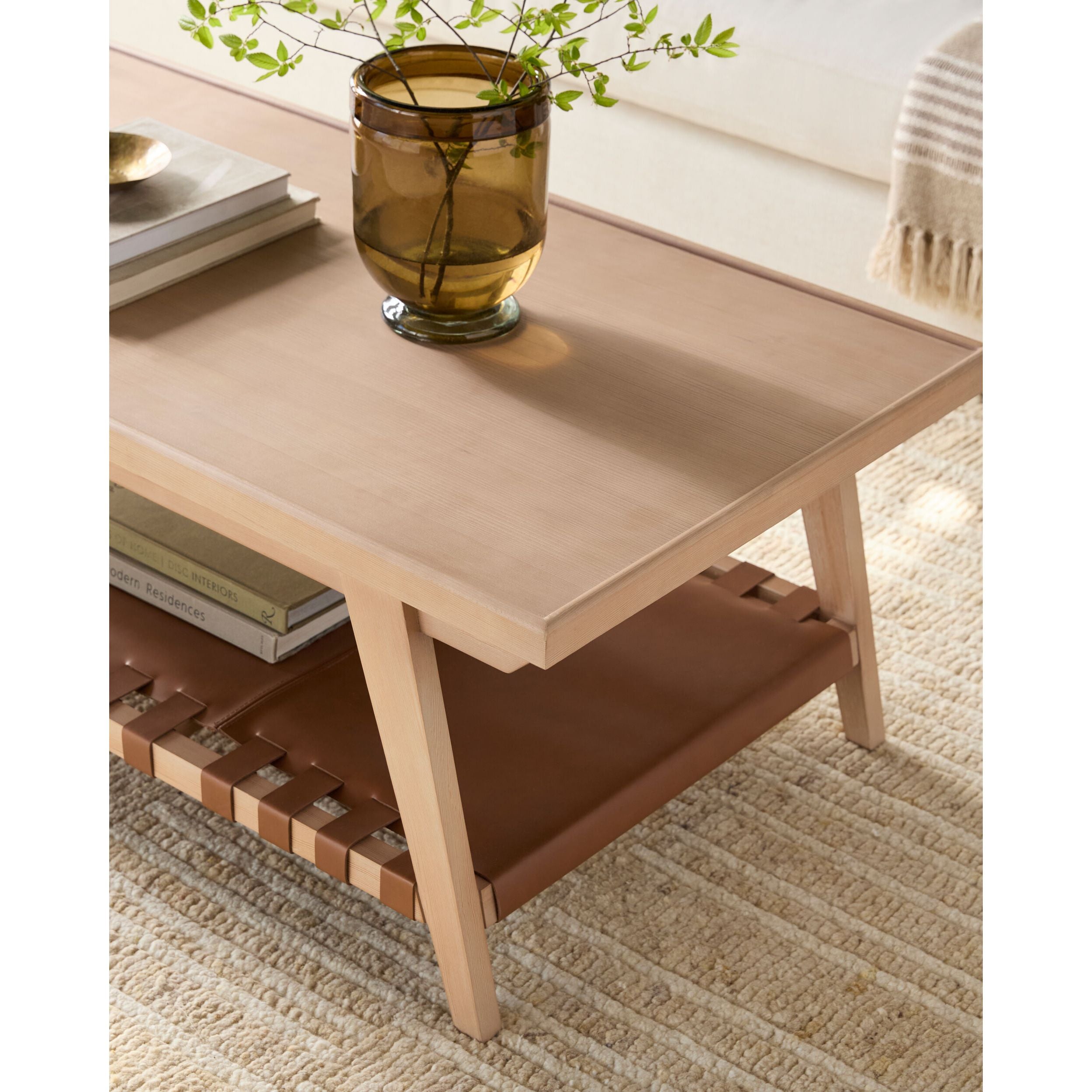 Becki Owens x SURYA Taft Hemlock Wood and Leather Coffee Table - Image 2