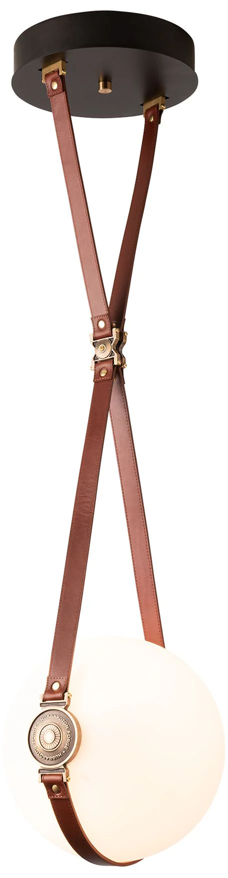 Derby 10.9" Brass Long Branded LED Pendant with Chestnut Straps - Image 1