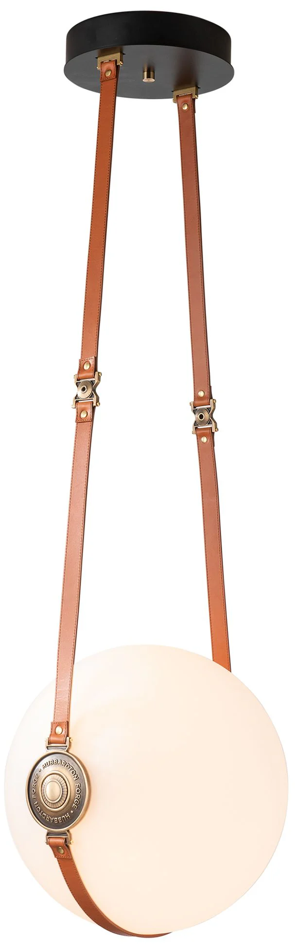 Derby 14.9" Antique Brass Long Branded LED Pendant with Chestnut Strap - Image 1