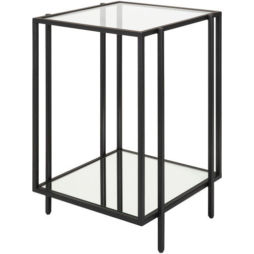 Surya Alecsa Modern Glass Top & Black Metal Base With Marble Shelf Bottom Accent Side Table EAA-007