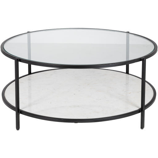 Surya Alecsa Modern Glass Top With Wood & Metal Mirrored Base Round Coffee Table EAA-005 - Image 3