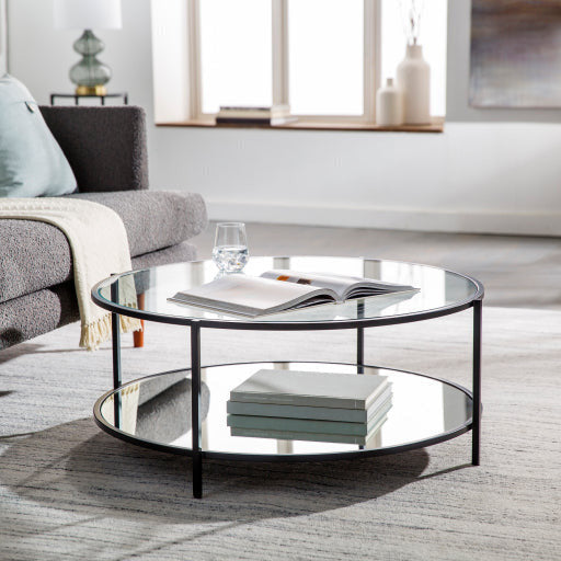 Surya Alecsa Modern Glass Top With Wood & Metal Mirrored Base Round Coffee Table EAA-005 - Image 1