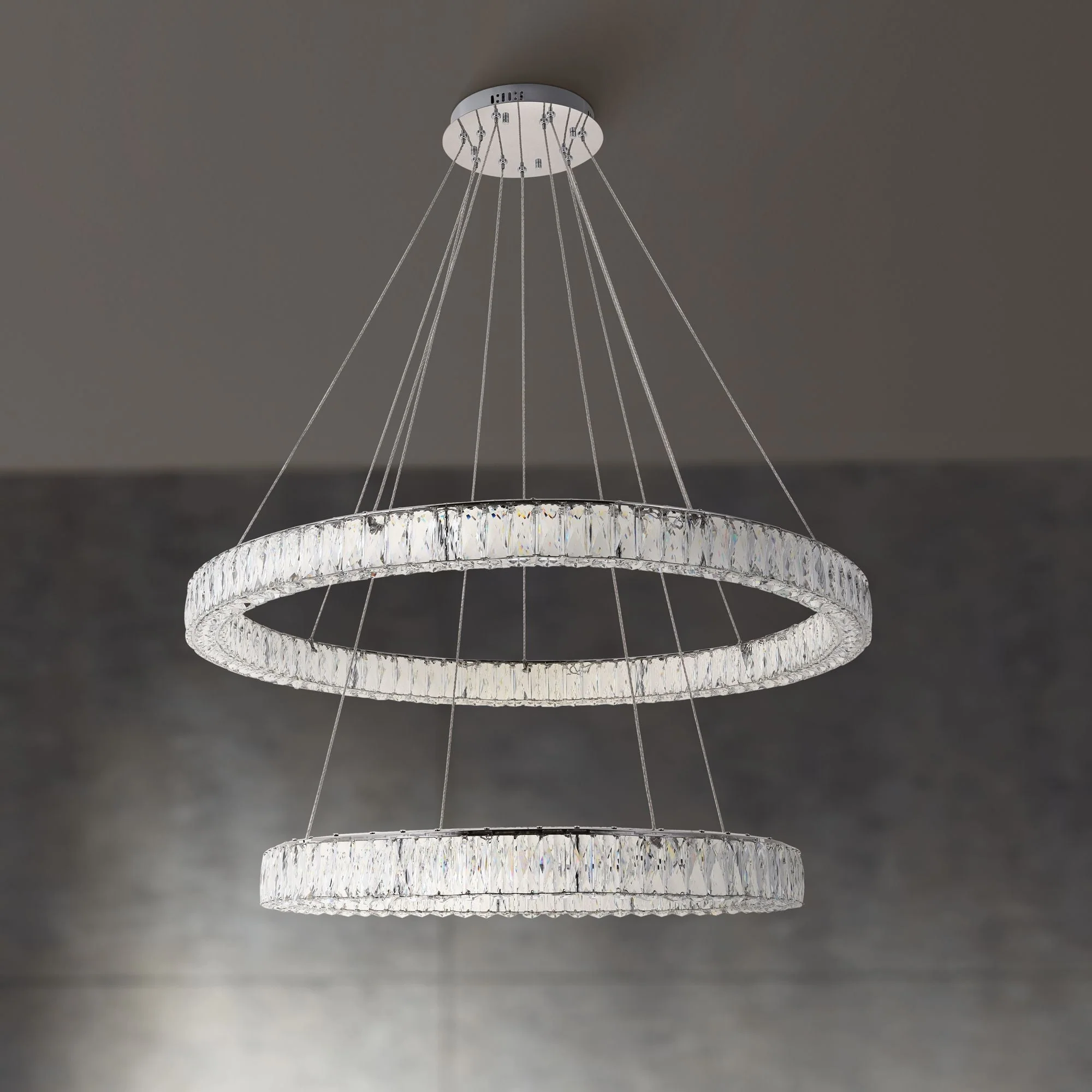 Elegant Monroe 42" Chrome 2-Tier Modern Crystal Ring LED Chandelier - Image 1