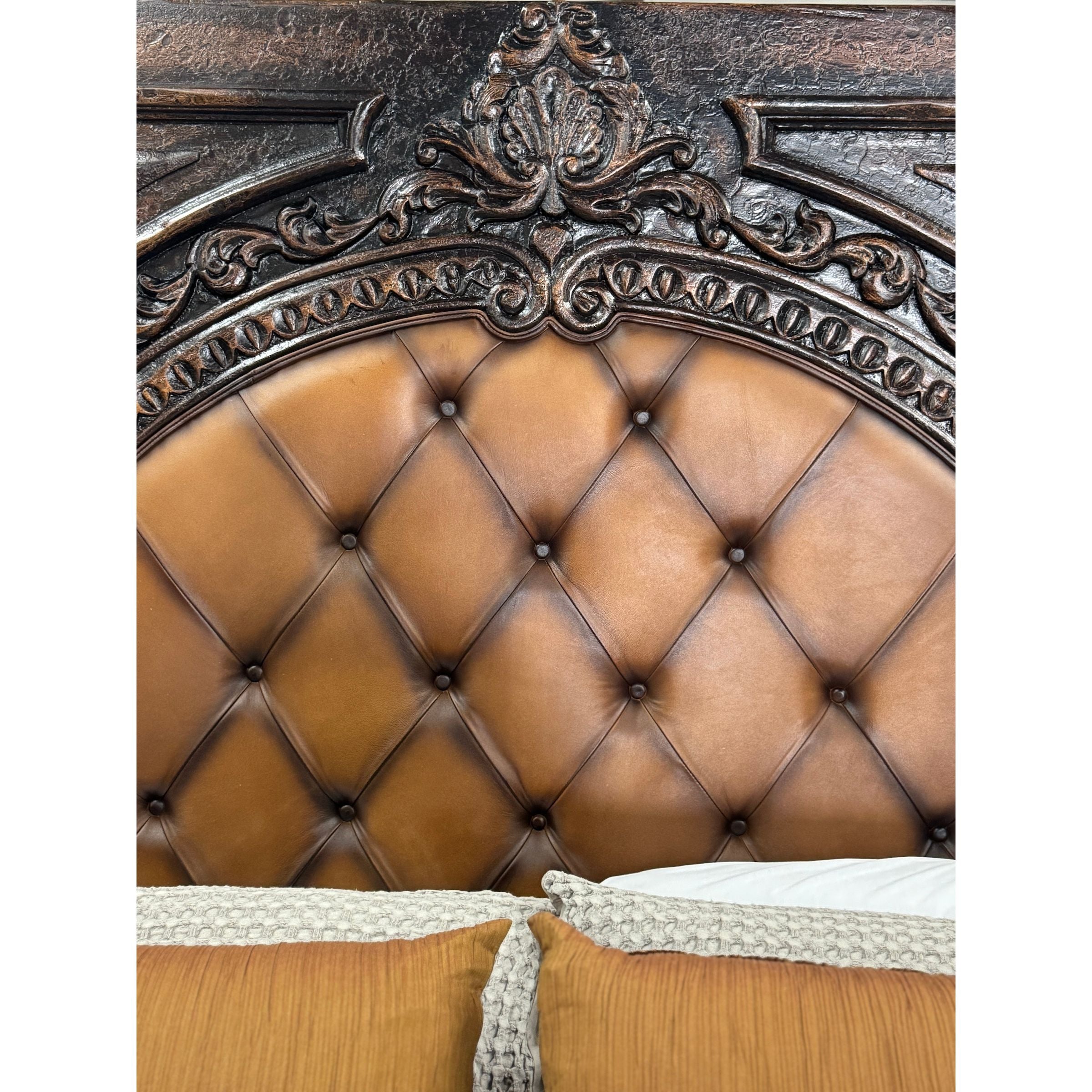 Casa Bonita Peruvian Hand-Painted Carved Wood and Tufted Linen Francesca King Size Bed - Image 2