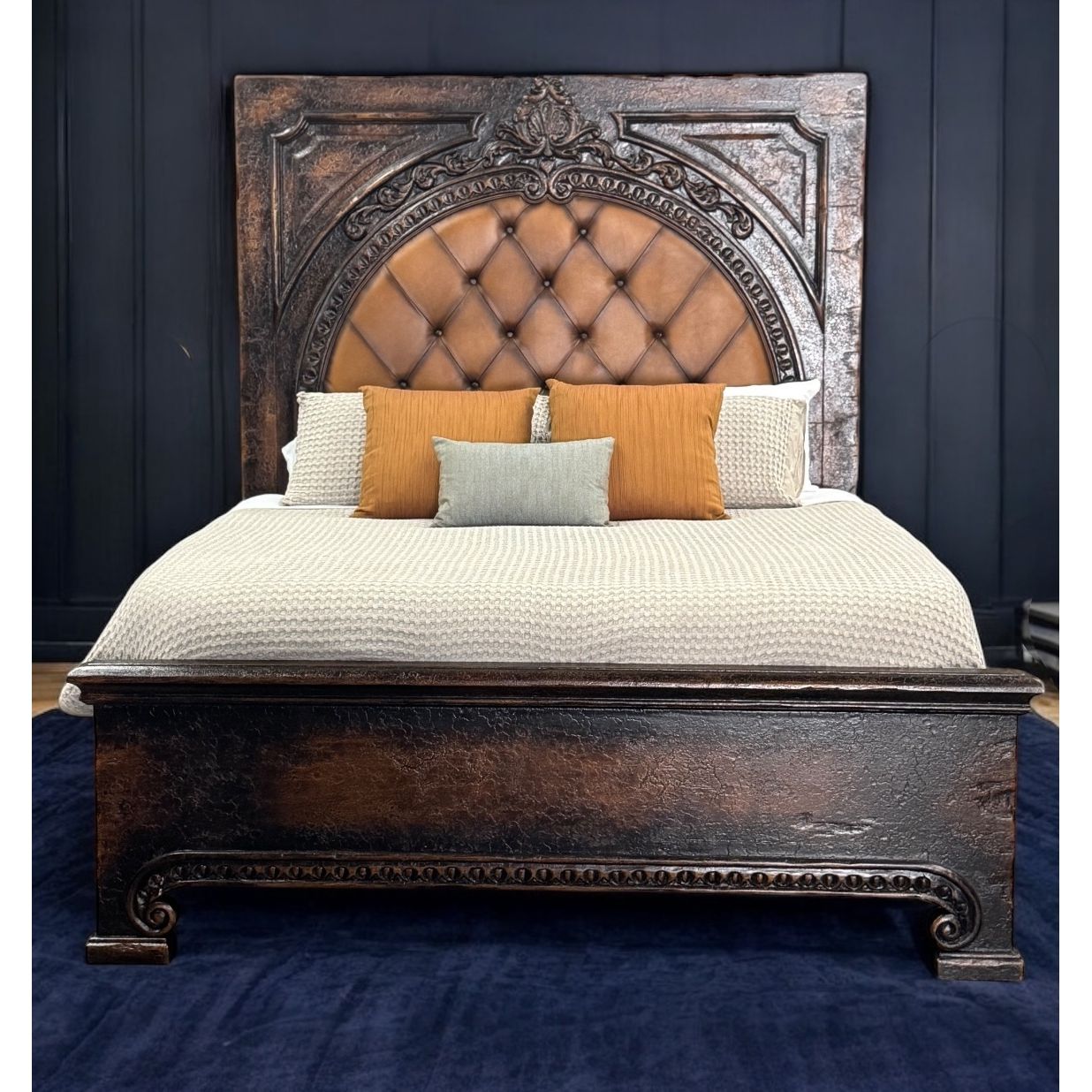 Casa Bonita Peruvian Hand-Painted Carved Wood and Tufted Linen Francesca King Size Bed